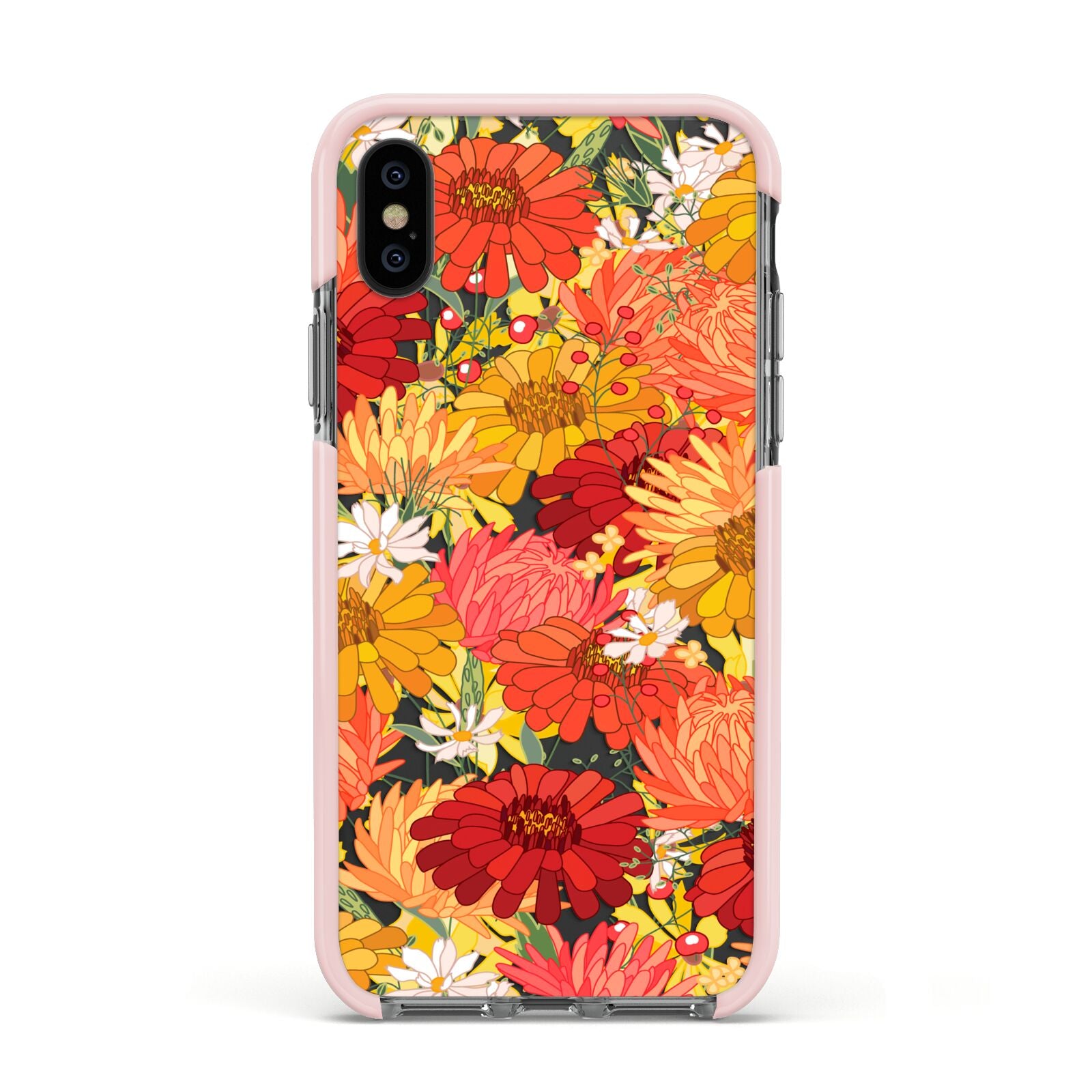 Floral Gerbera Apple iPhone Xs Impact Case Pink Edge on Black Phone
