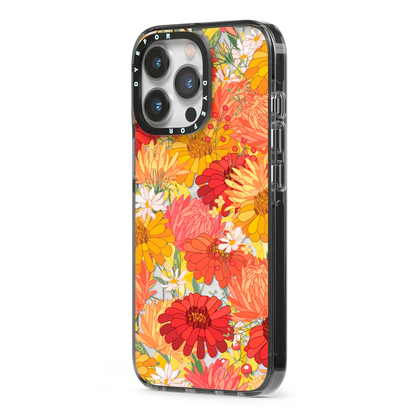 Floral Gerbera iPhone 13 Pro Black Impact Case Side Angle on Silver phone
