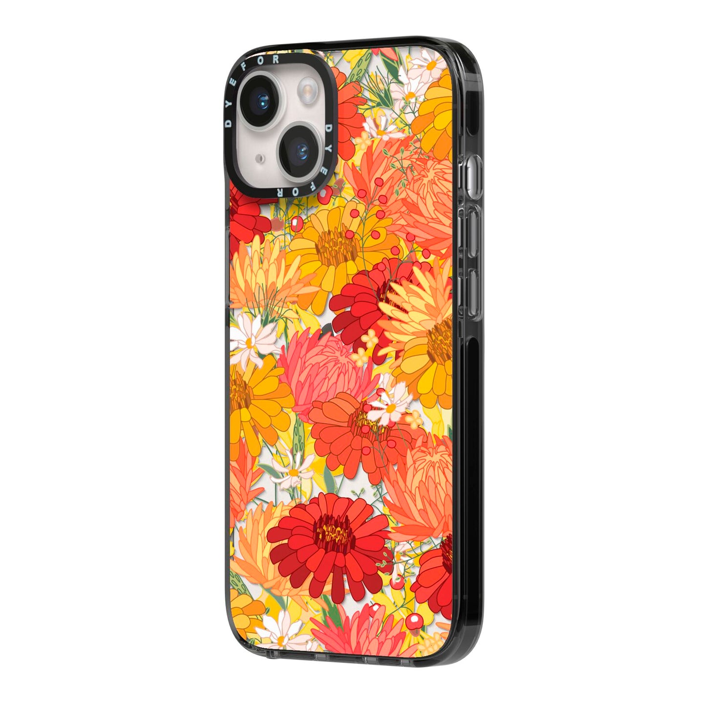 Floral Gerbera iPhone 14 Black Impact Case Side Angle on Silver phone