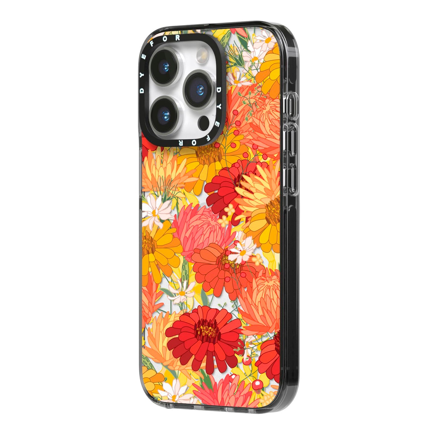 Floral Gerbera iPhone 14 Pro Black Impact Case Side Angle on Silver phone