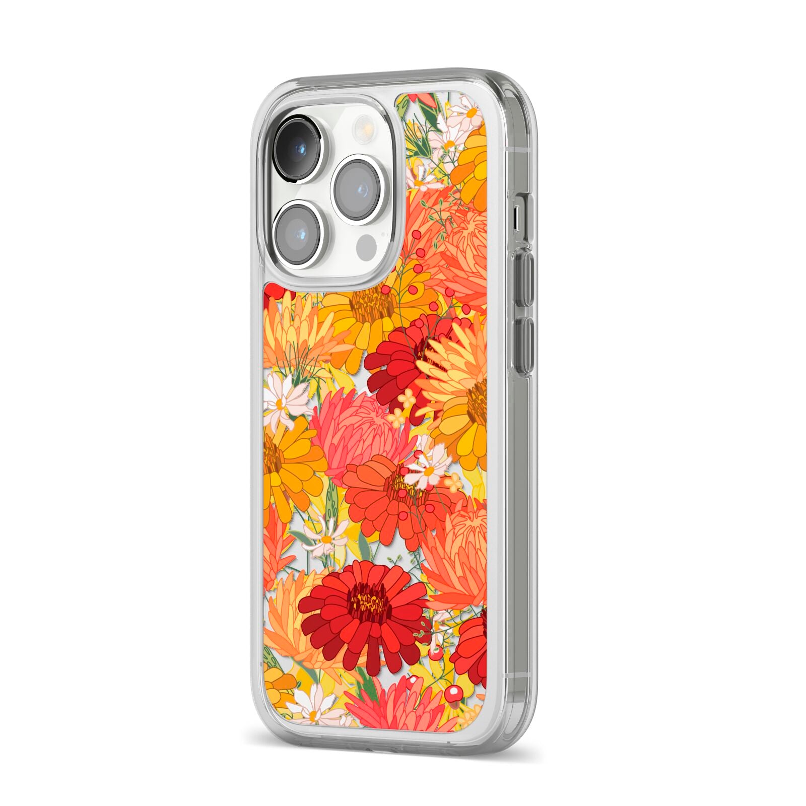 Floral Gerbera iPhone 14 Pro Clear Tough Case Silver Angled Image