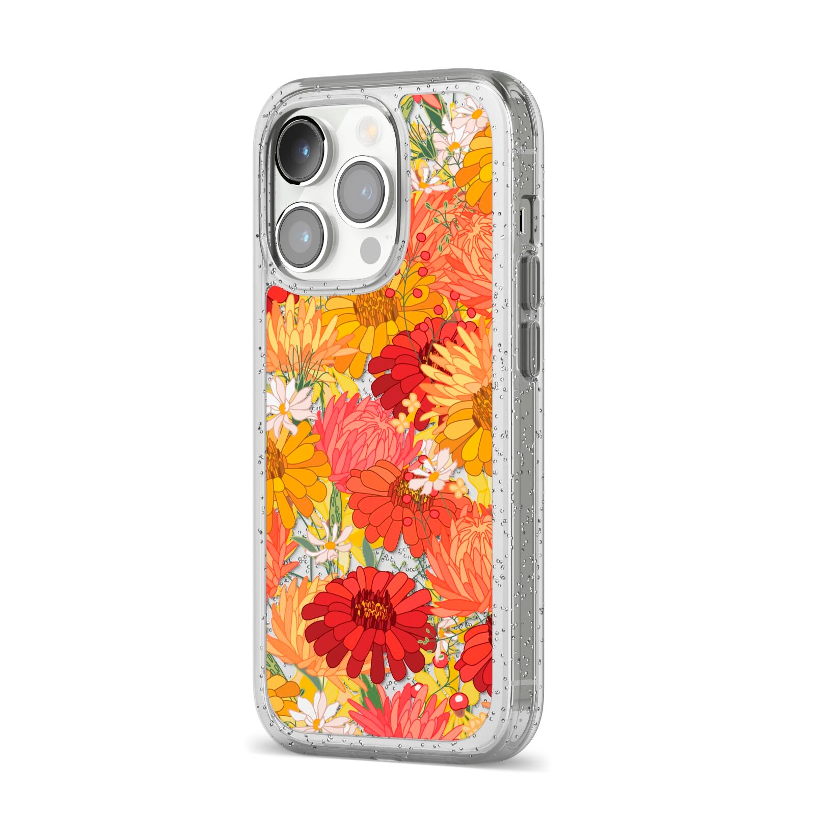 Floral Gerbera iPhone 14 Pro Glitter Tough Case Silver Angled Image