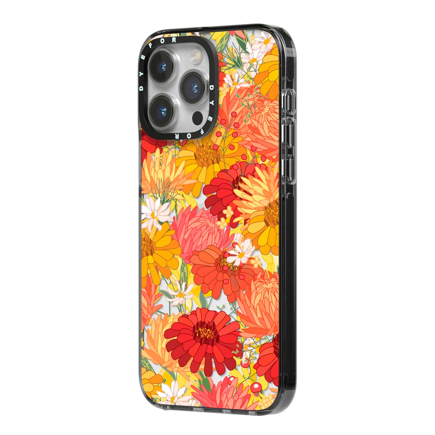 Floral Gerbera iPhone 14 Pro Max Black Impact Case Side Angle on Silver phone