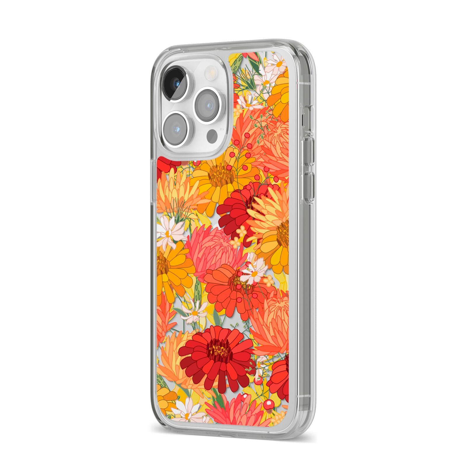 Floral Gerbera iPhone 14 Pro Max Clear Tough Case Silver Angled Image