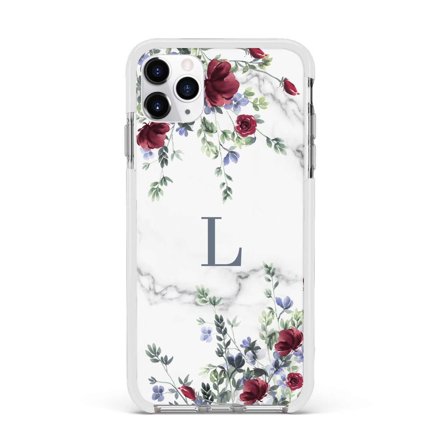 Floral Marble Monogram Personalised Apple iPhone 11 Pro Max in Silver with White Impact Case