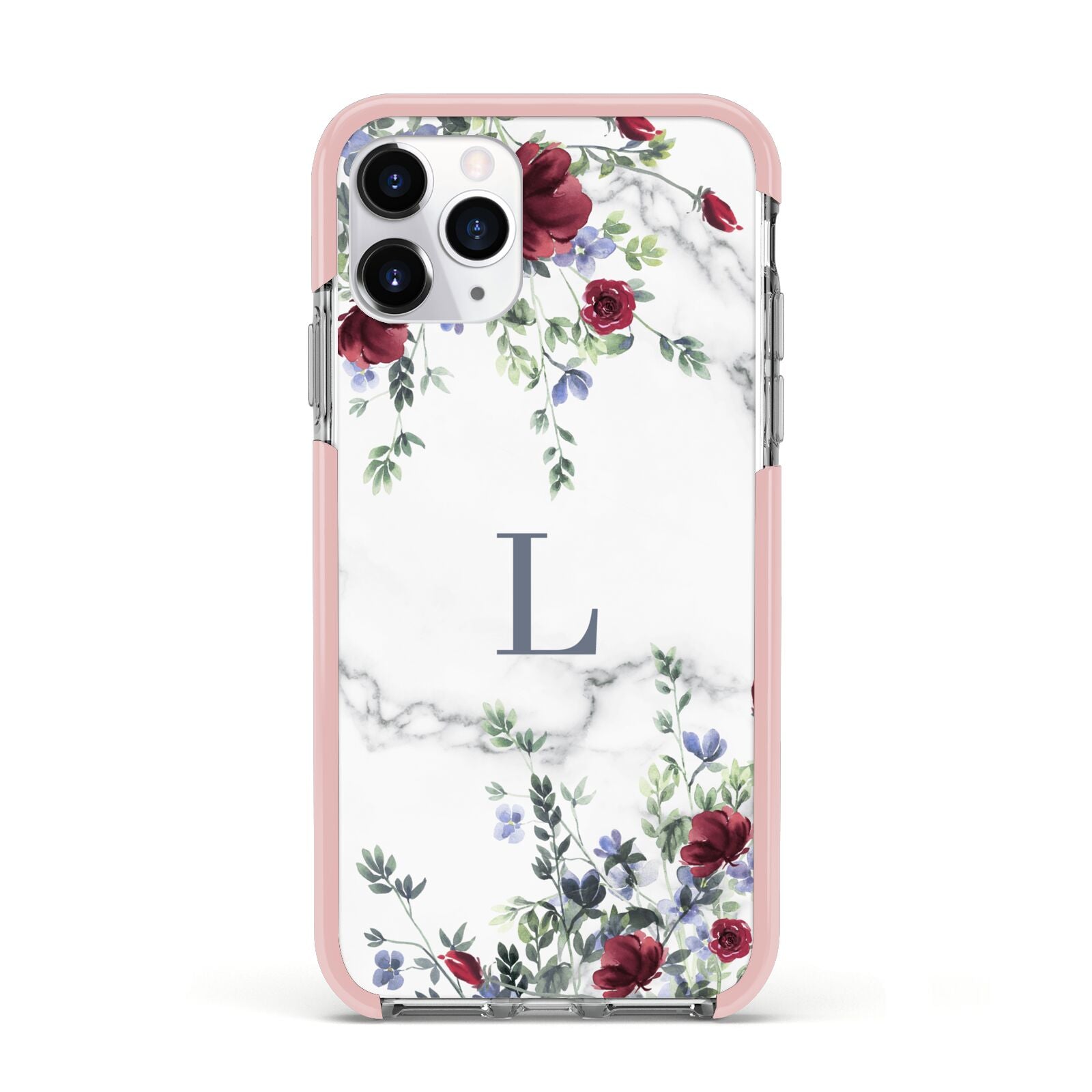 Floral Marble Monogram Personalised Apple iPhone 11 Pro in Silver with Pink Impact Case