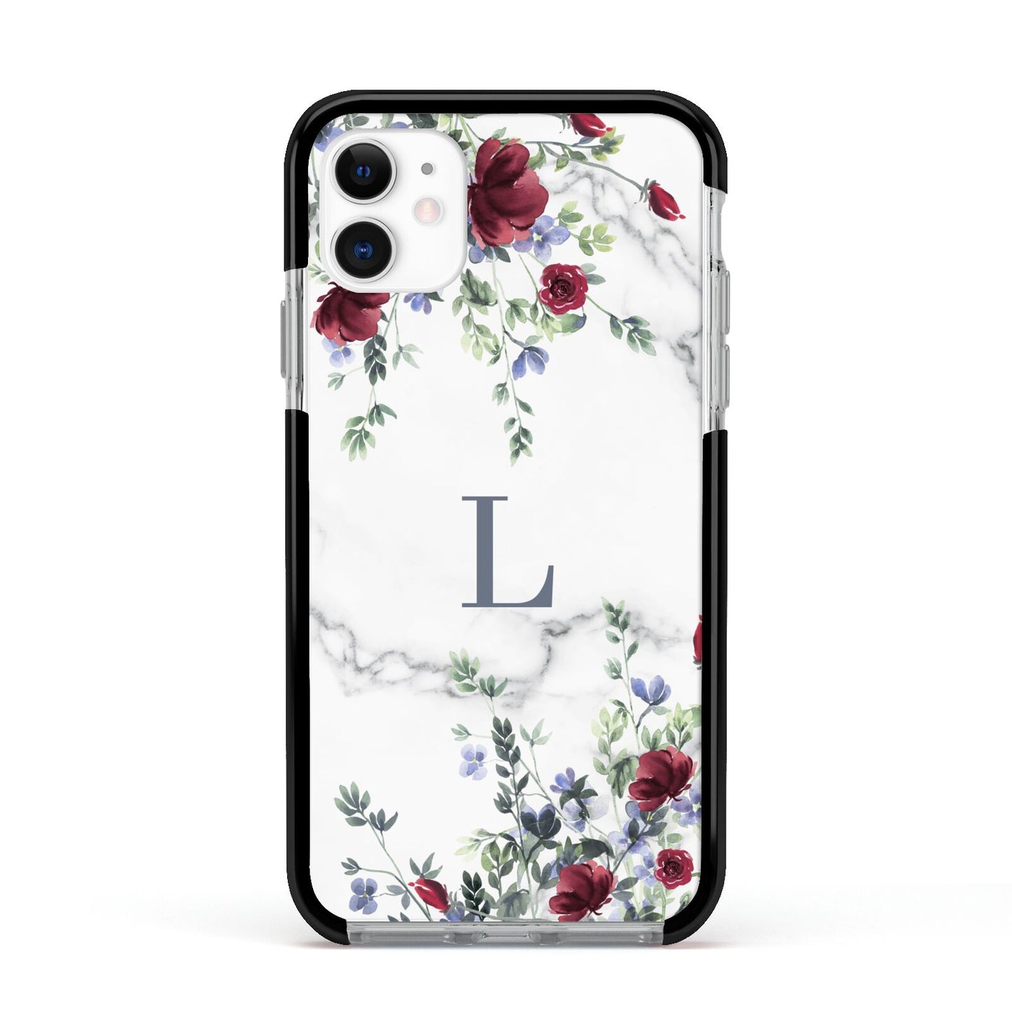 Floral Marble Monogram Personalised Apple iPhone 11 in White with Black Impact Case