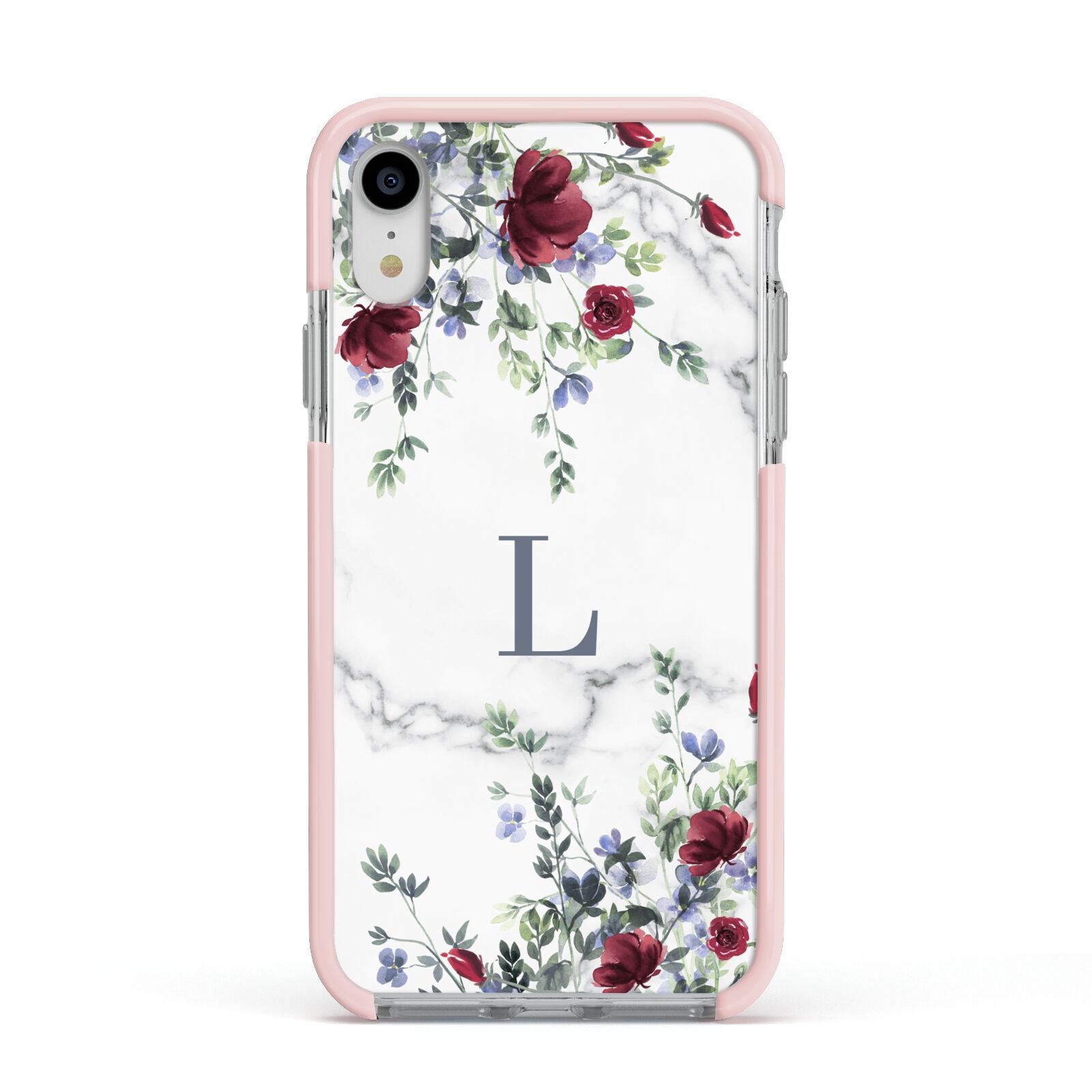 Floral Marble Monogram Personalised Apple iPhone XR Impact Case Pink Edge on Silver Phone