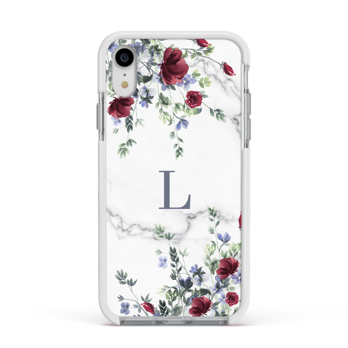 Floral Marble Monogram Personalised Apple iPhone XR Impact Case White Edge on Silver Phone