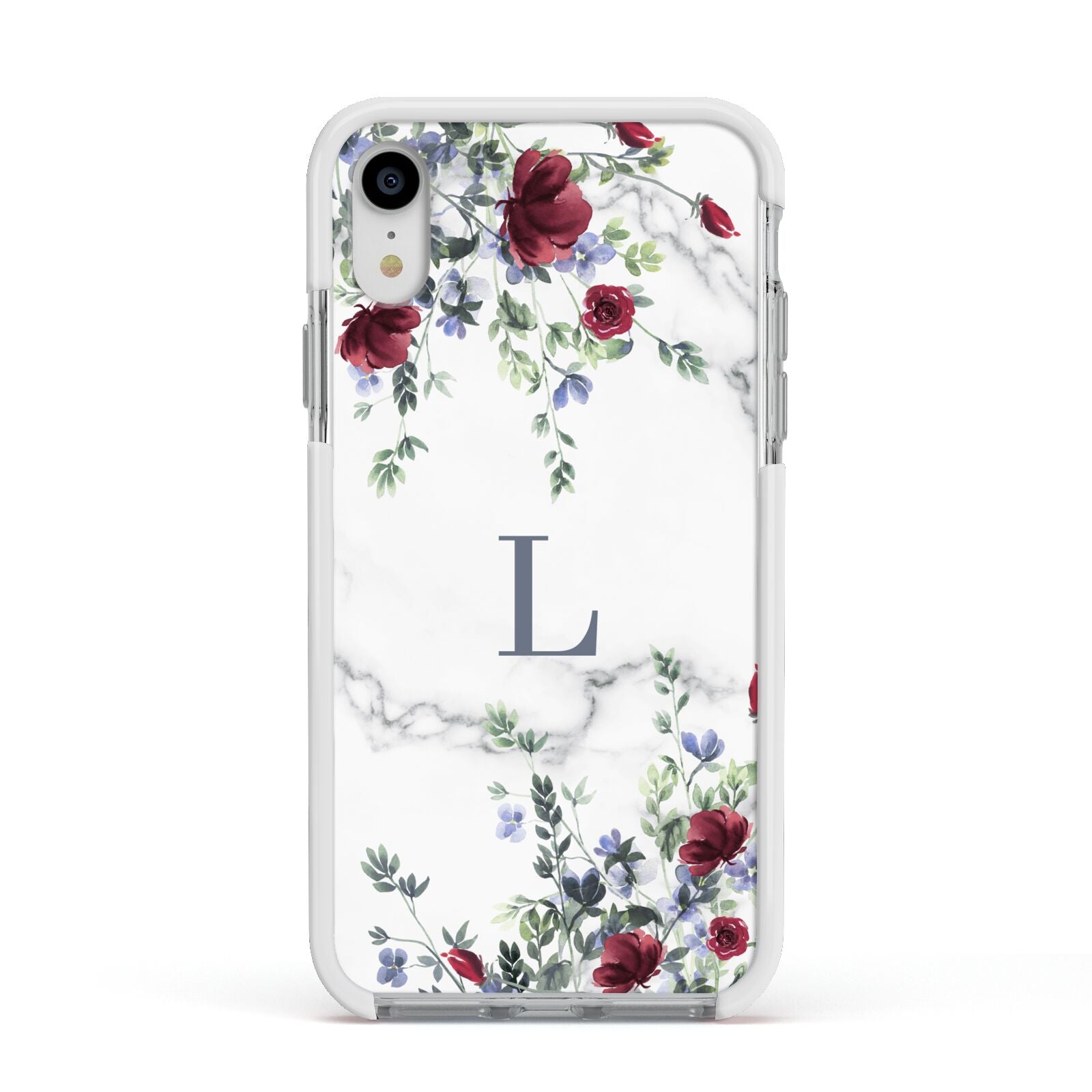 Floral Marble Monogram Personalised Apple iPhone XR Impact Case White Edge on Silver Phone