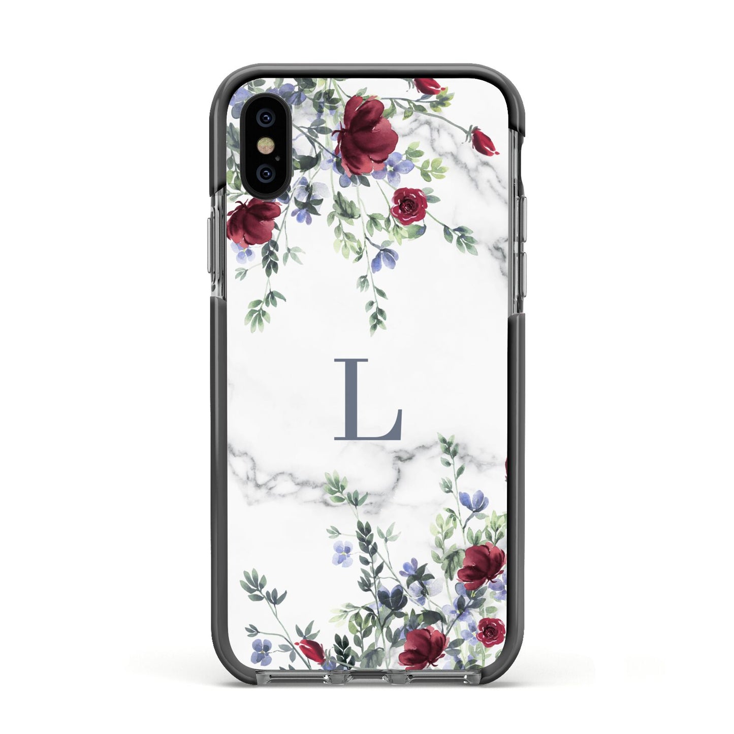 Floral Marble Monogram Personalised Apple iPhone Xs Impact Case Black Edge on Black Phone