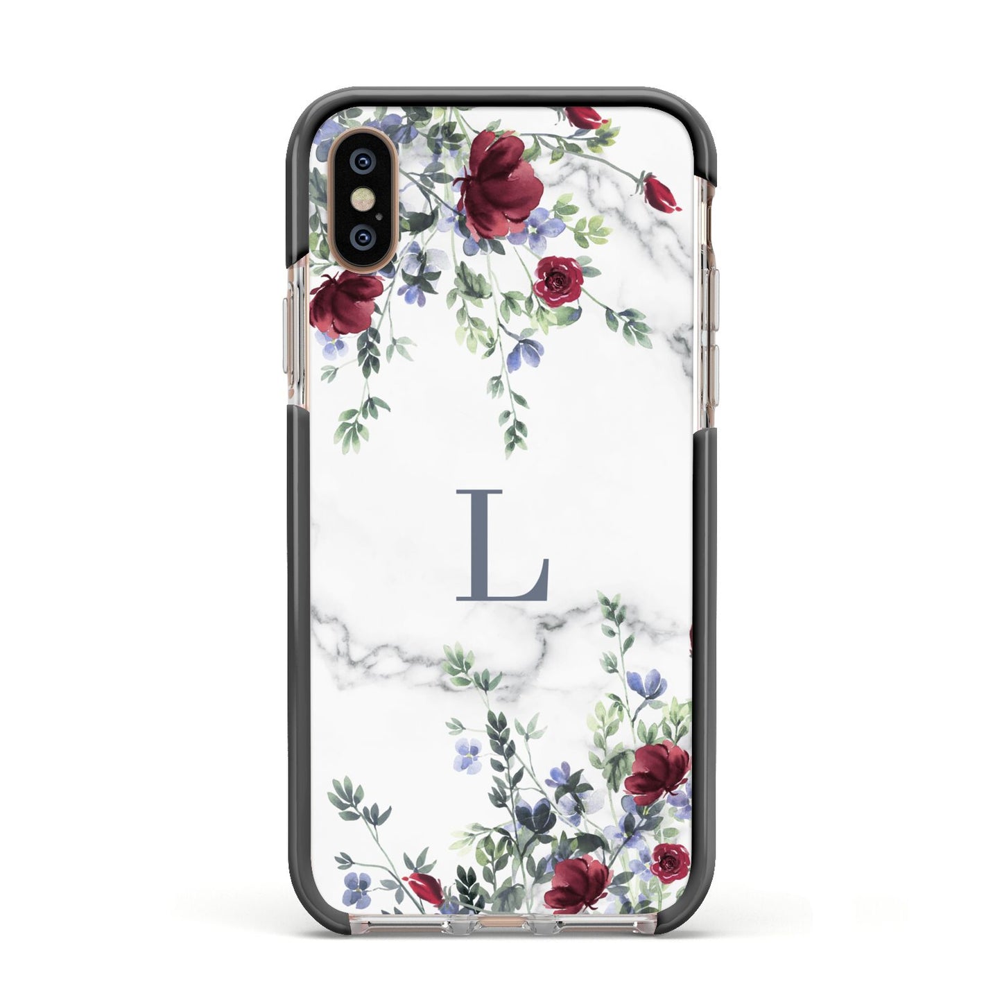 Floral Marble Monogram Personalised Apple iPhone Xs Impact Case Black Edge on Gold Phone