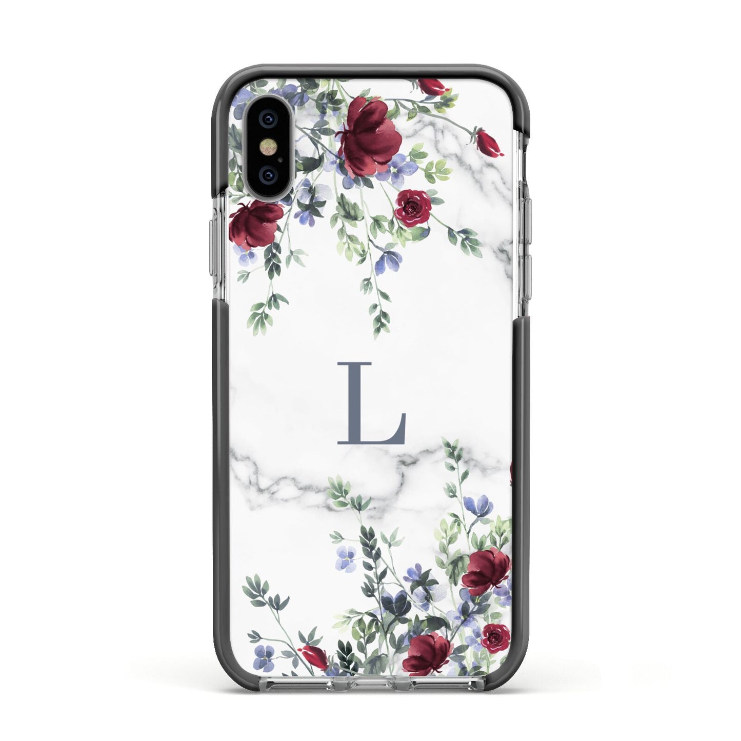 Floral Marble Monogram Personalised Apple iPhone Xs Impact Case Black Edge on Silver Phone