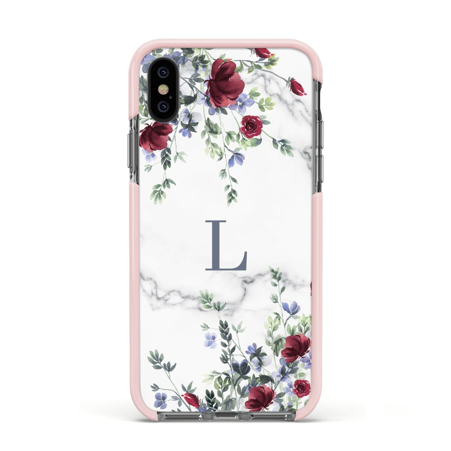 Floral Marble Monogram Personalised Apple iPhone Xs Impact Case Pink Edge on Black Phone