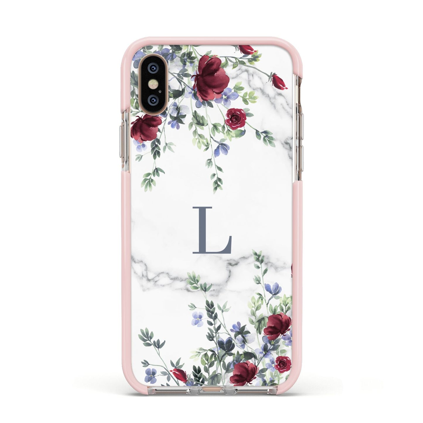 Floral Marble Monogram Personalised Apple iPhone Xs Impact Case Pink Edge on Gold Phone
