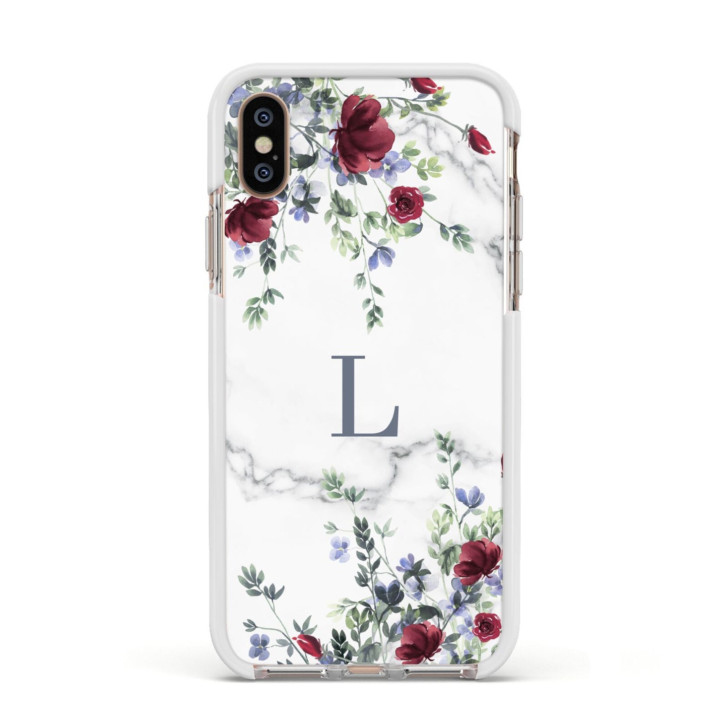 Floral Marble Monogram Personalised Apple iPhone Xs Impact Case White Edge on Gold Phone