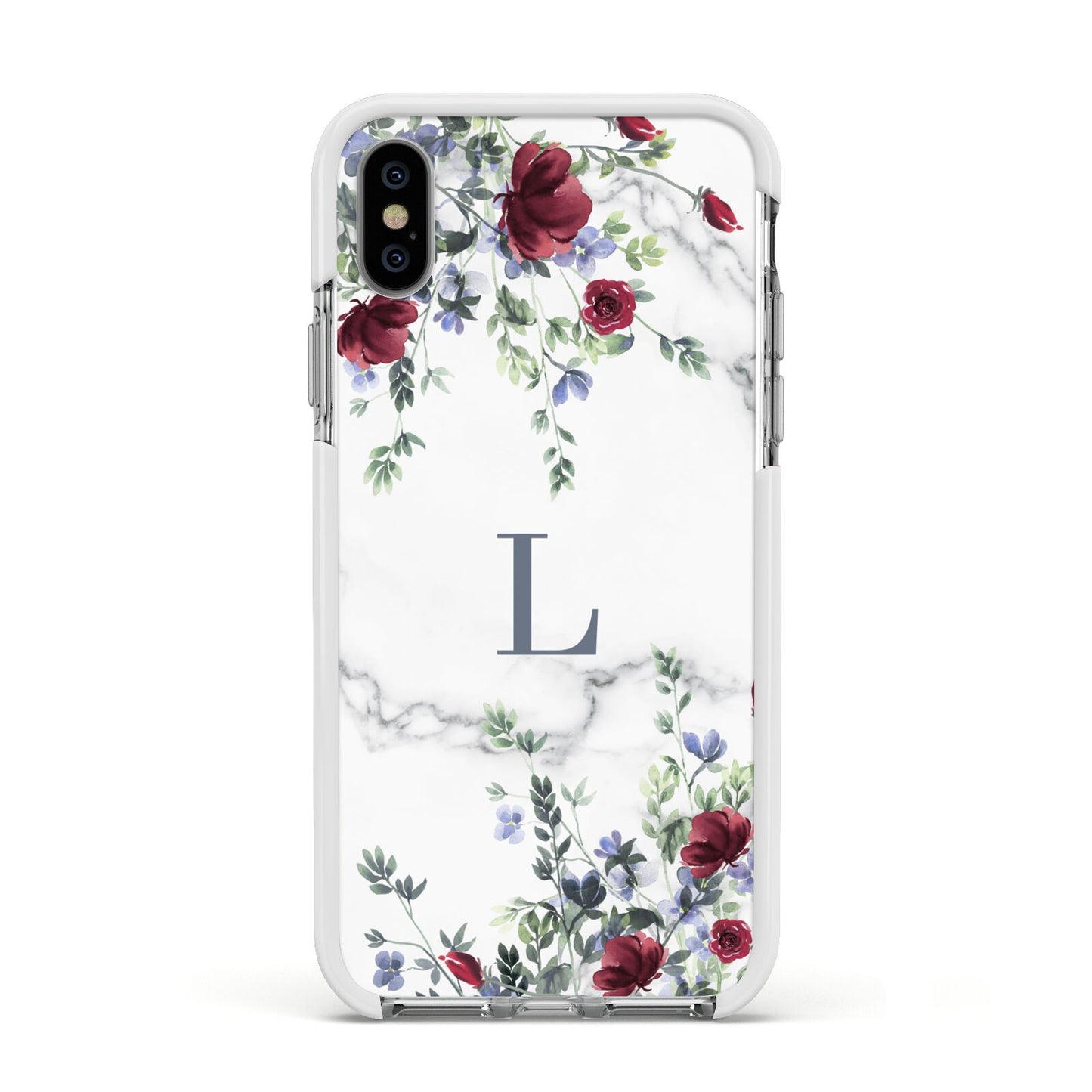 Floral Marble Monogram Personalised Apple iPhone Xs Impact Case White Edge on Silver Phone