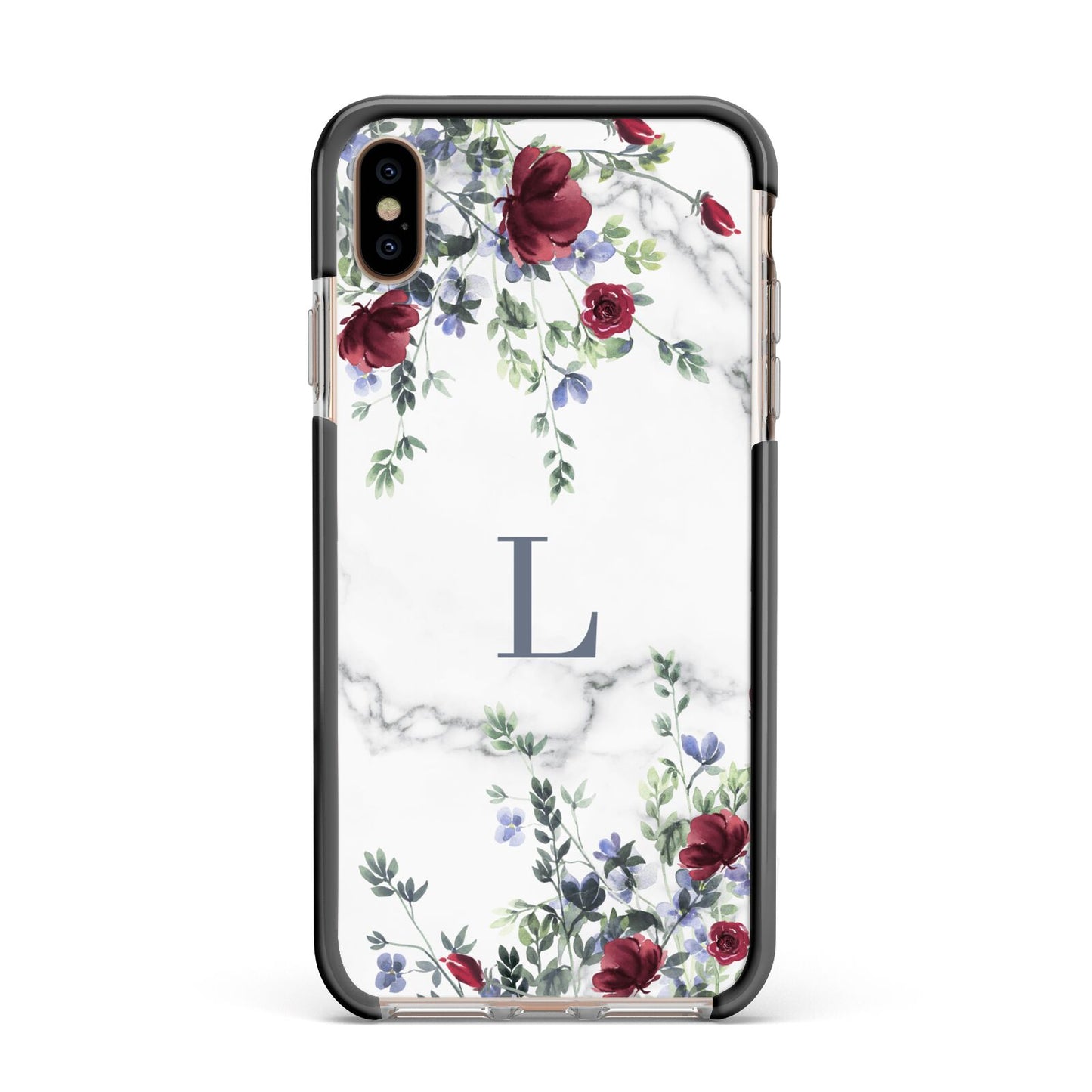 Floral Marble Monogram Personalised Apple iPhone Xs Max Impact Case Black Edge on Gold Phone