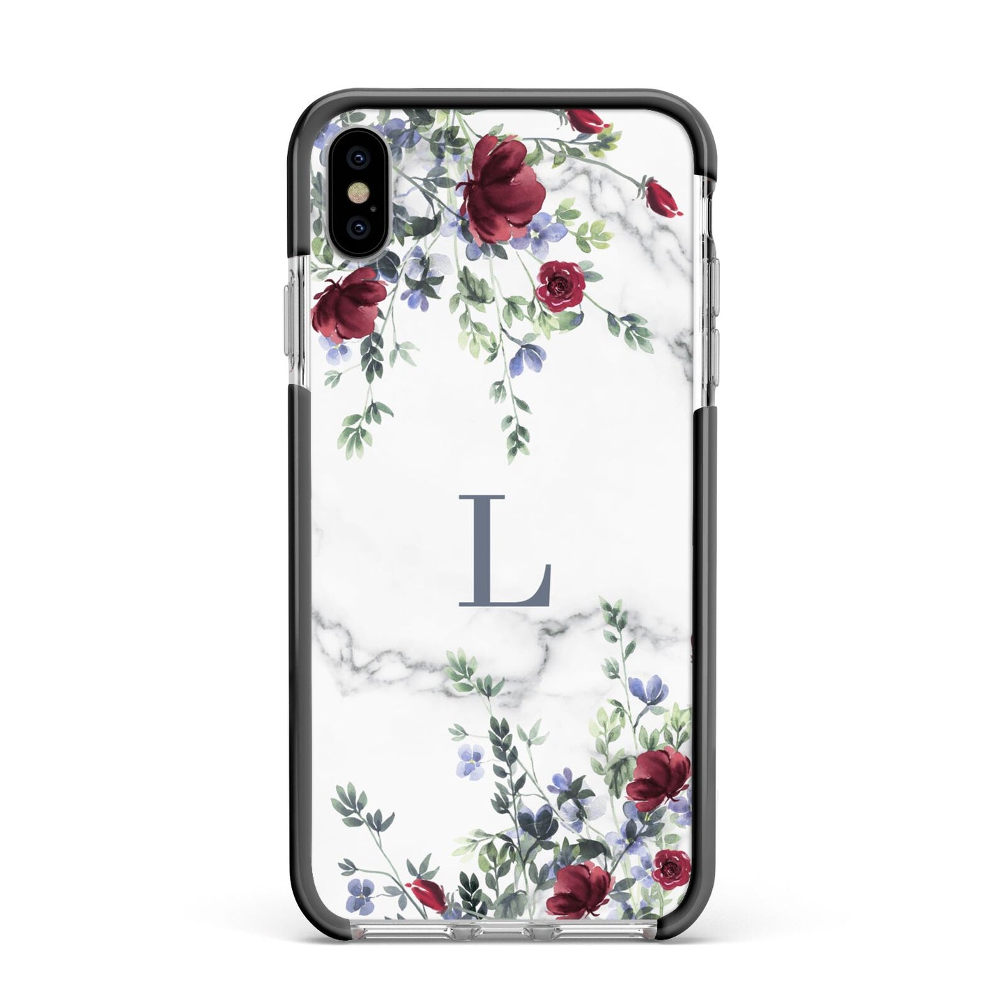 Floral Marble Monogram Personalised Apple iPhone Xs Max Impact Case Black Edge on Silver Phone