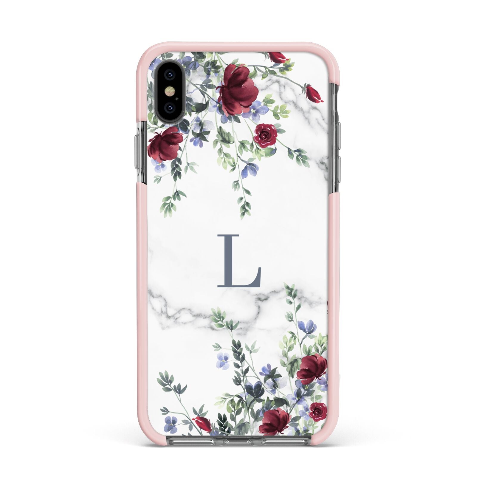 Floral Marble Monogram Personalised Apple iPhone Xs Max Impact Case Pink Edge on Black Phone