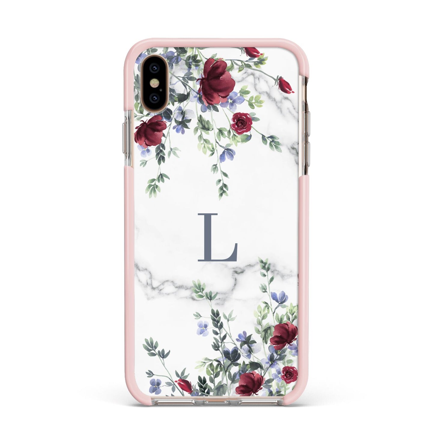 Floral Marble Monogram Personalised Apple iPhone Xs Max Impact Case Pink Edge on Gold Phone