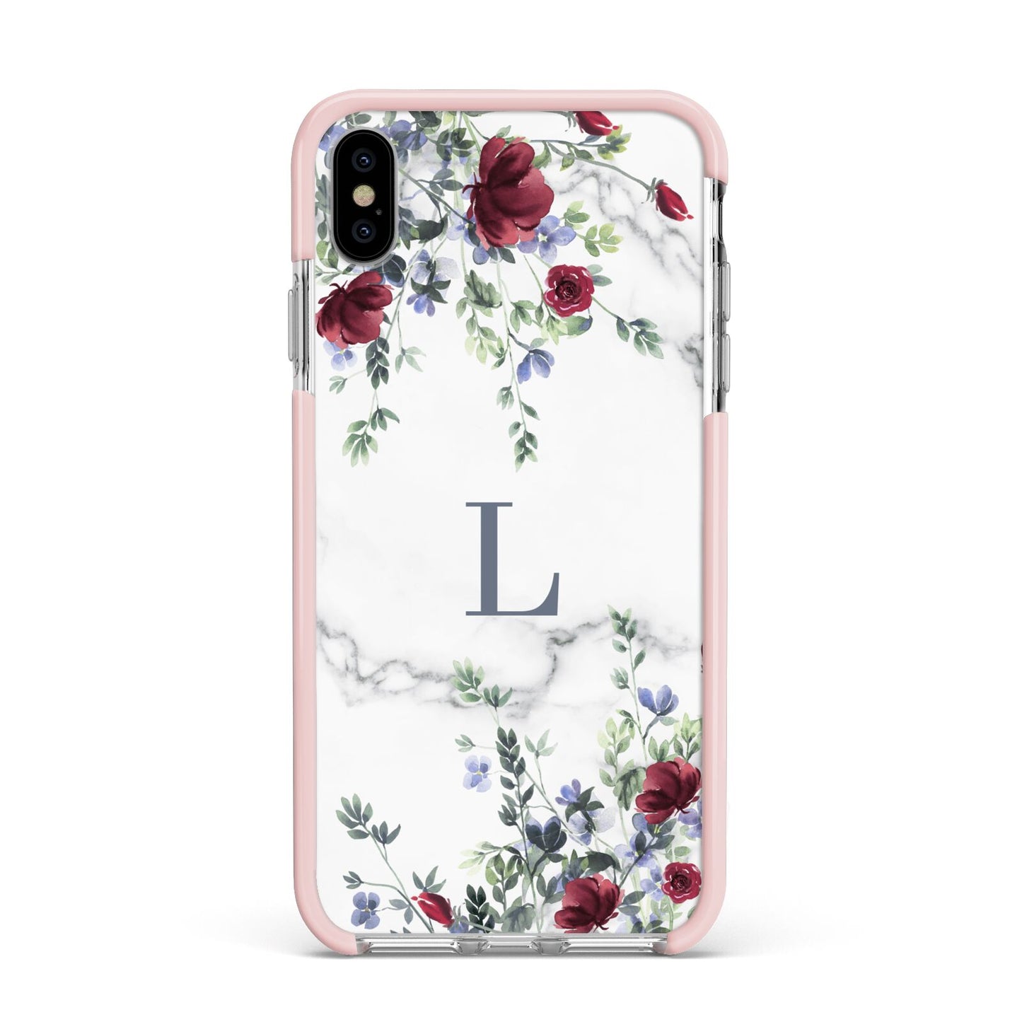 Floral Marble Monogram Personalised Apple iPhone Xs Max Impact Case Pink Edge on Silver Phone
