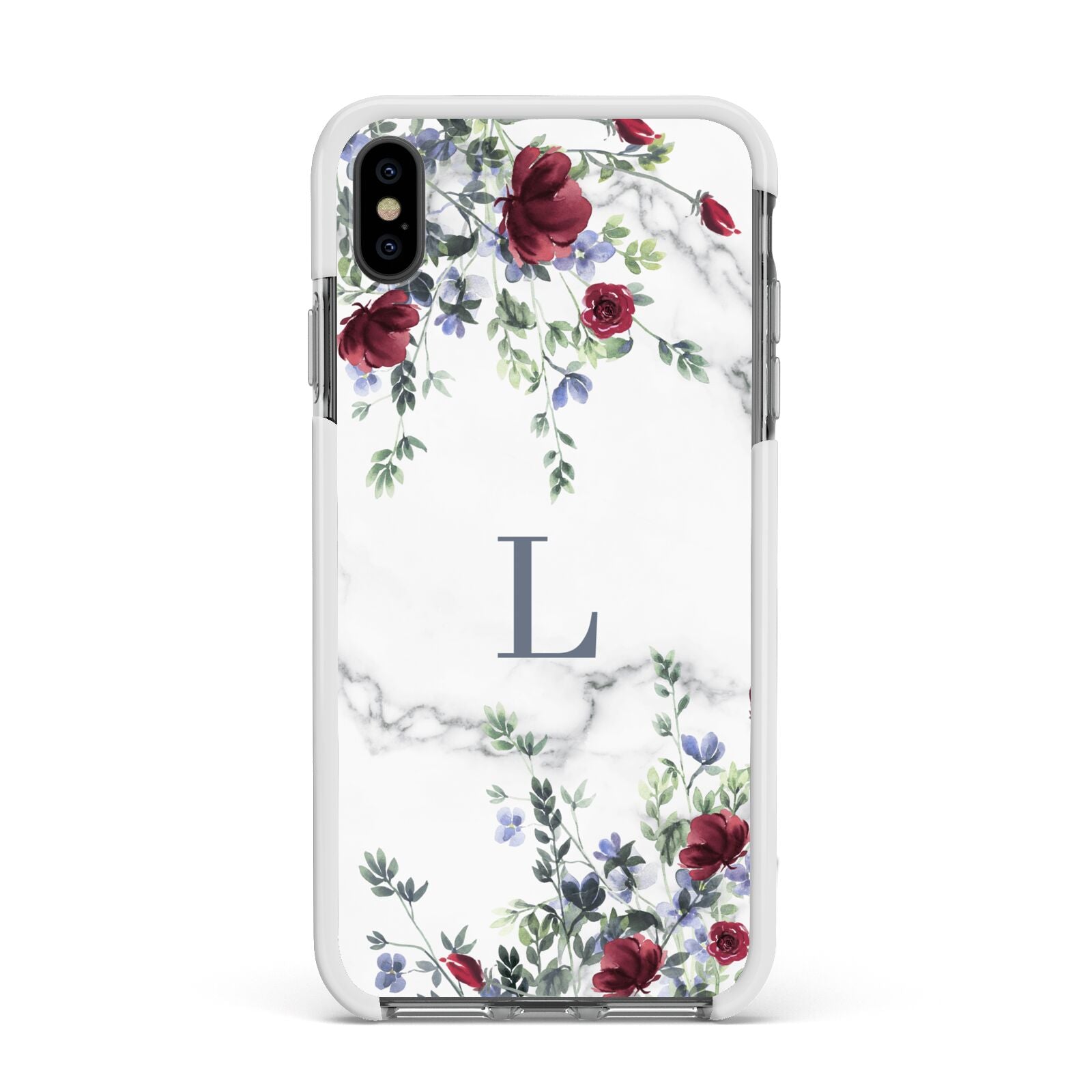 Floral Marble Monogram Personalised Apple iPhone Xs Max Impact Case White Edge on Black Phone