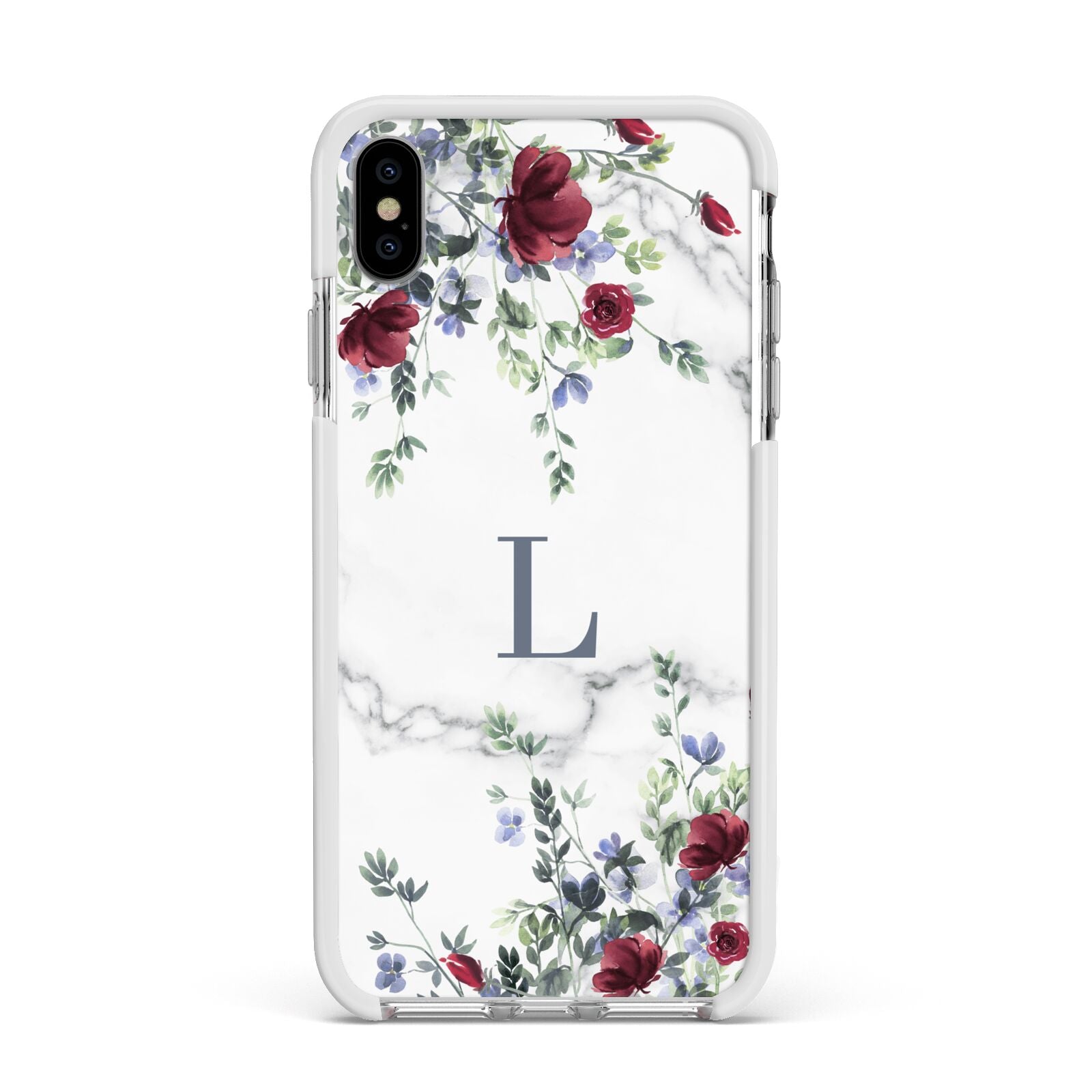 Floral Marble Monogram Personalised Apple iPhone Xs Max Impact Case White Edge on Silver Phone