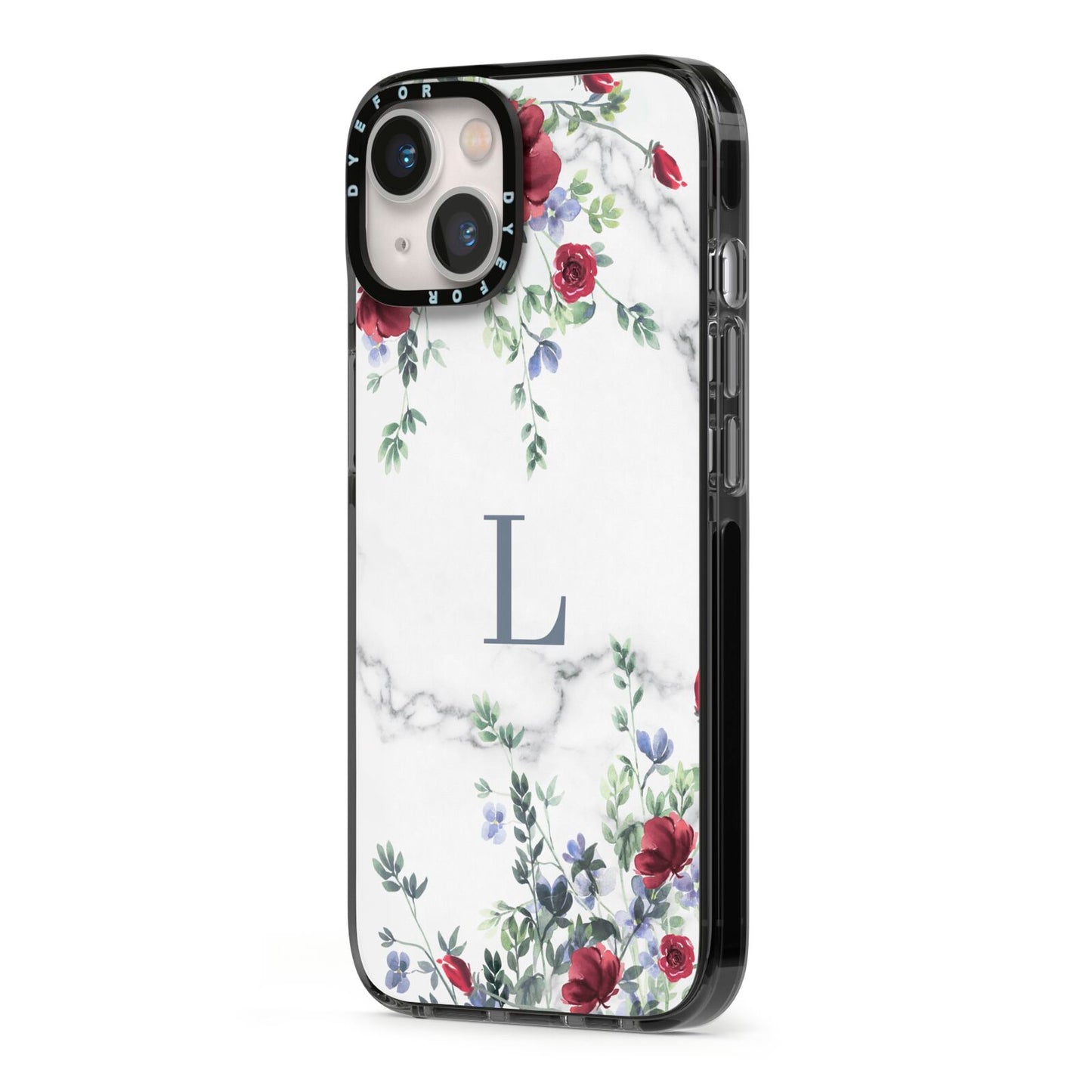 Floral Marble Monogram Personalised iPhone 13 Black Impact Case Side Angle on Silver phone