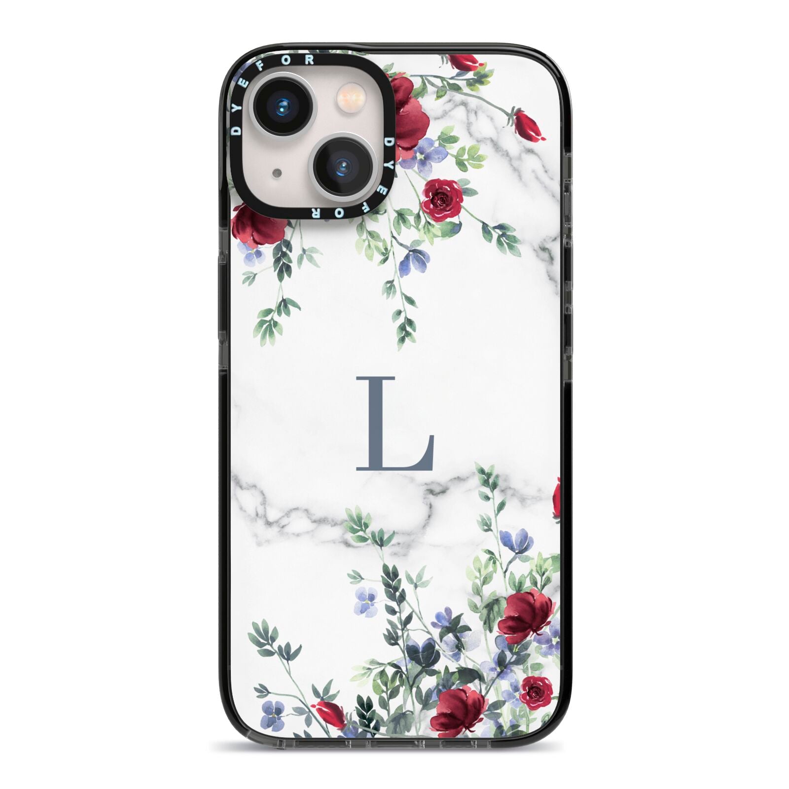 Floral Marble Monogram Personalised iPhone 13 Black Impact Case on Silver phone