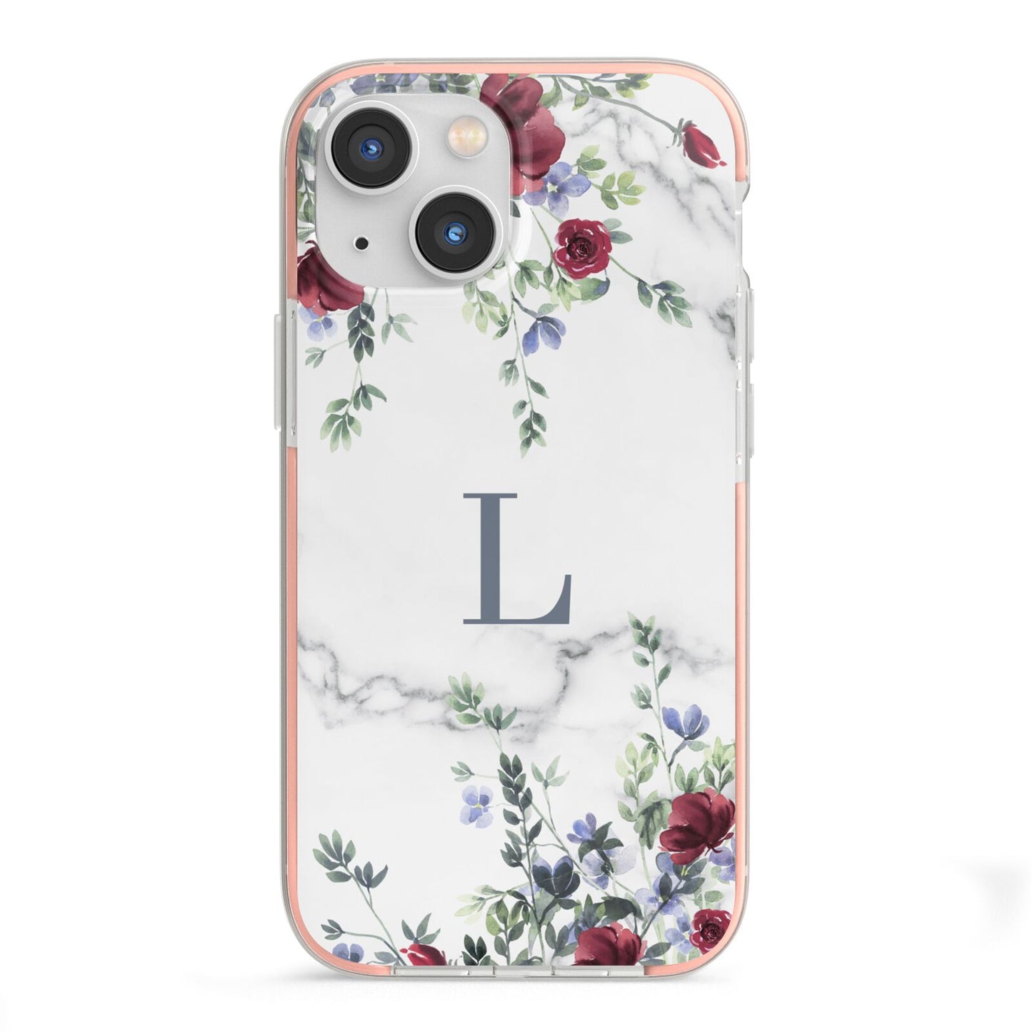 Floral Marble Monogram Personalised iPhone 13 Mini TPU Impact Case with Pink Edges