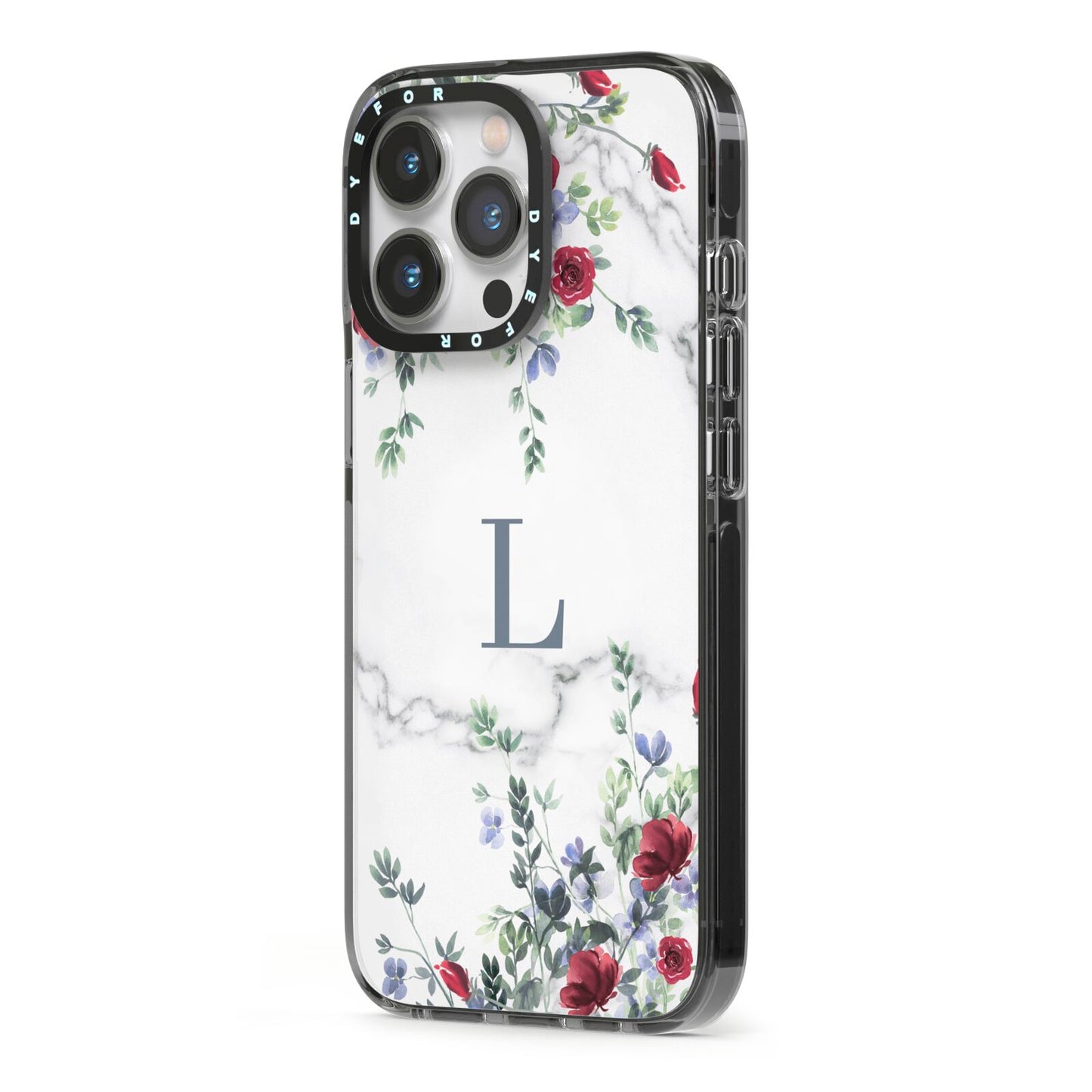 Floral Marble Monogram Personalised iPhone 13 Pro Black Impact Case Side Angle on Silver phone