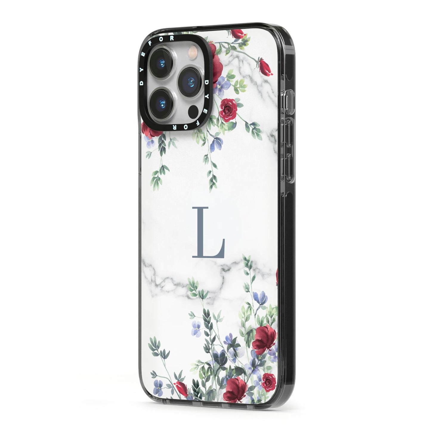 Floral Marble Monogram Personalised iPhone 13 Pro Max Black Impact Case Side Angle on Silver phone