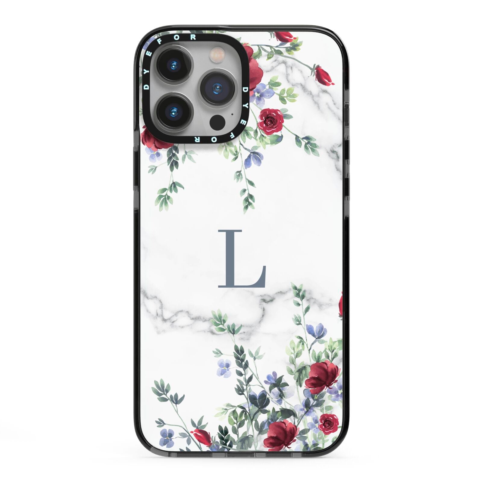 Floral Marble Monogram Personalised iPhone 13 Pro Max Black Impact Case on Silver phone