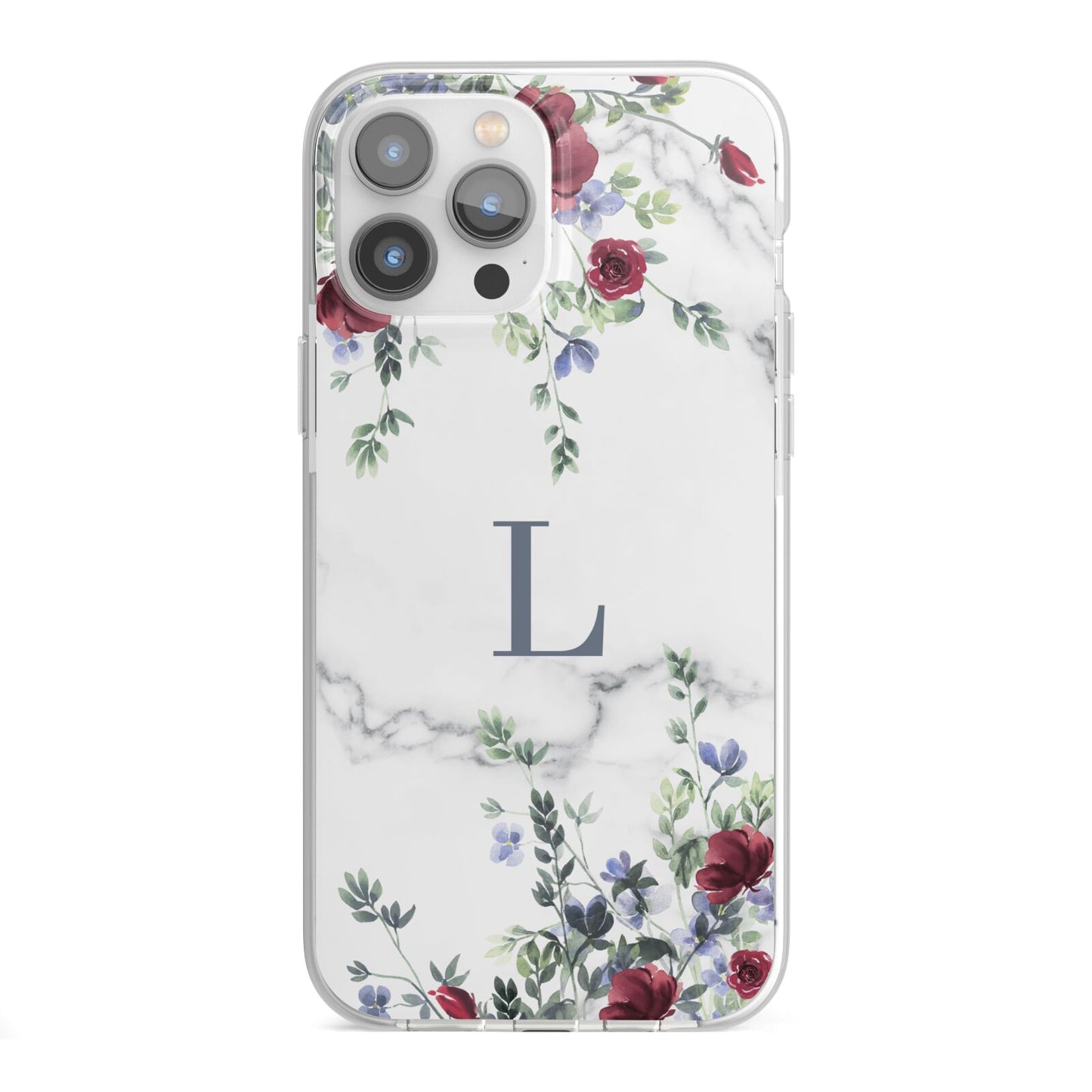 Floral Marble Monogram Personalised iPhone 13 Pro Max TPU Impact Case with White Edges
