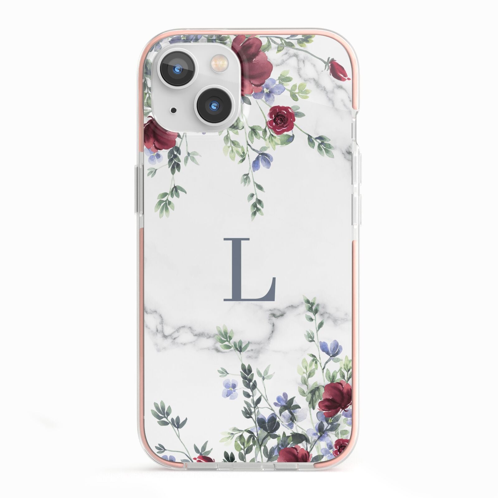 Floral Marble Monogram Personalised iPhone 13 TPU Impact Case with Pink Edges