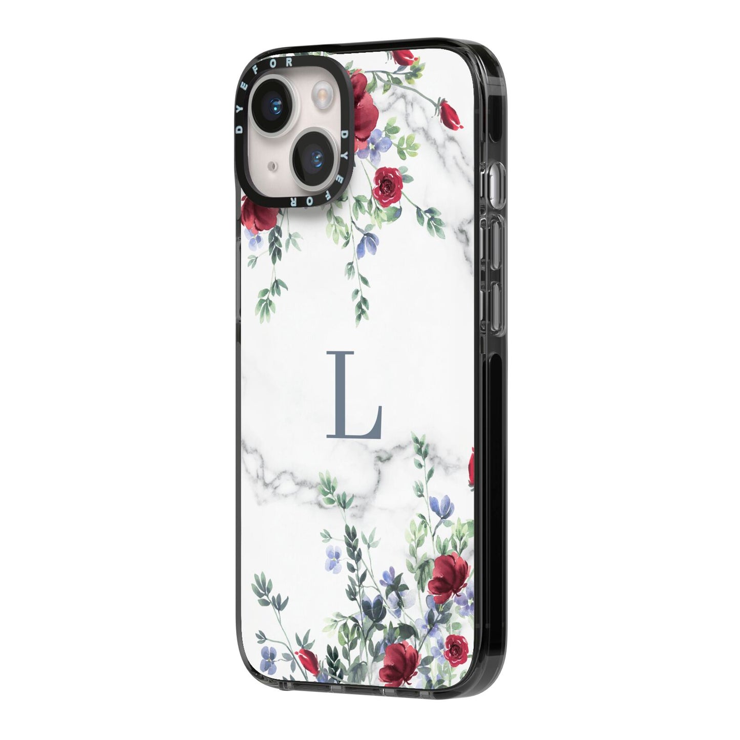 Floral Marble Monogram Personalised iPhone 14 Black Impact Case Side Angle on Silver phone