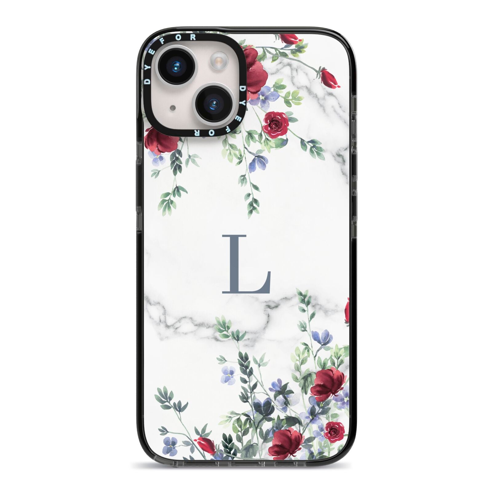 Floral Marble Monogram Personalised iPhone 14 Black Impact Case on Silver phone