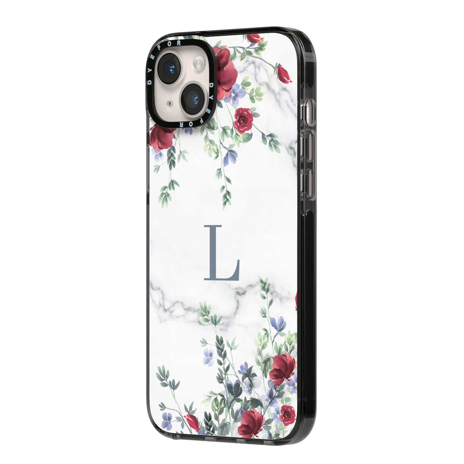 Floral Marble Monogram Personalised iPhone 14 Plus Black Impact Case Side Angle on Silver phone