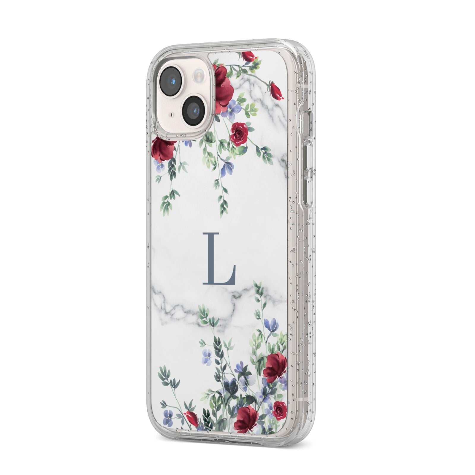 Floral Marble Monogram Personalised iPhone 14 Plus Glitter Tough Case Starlight Angled Image