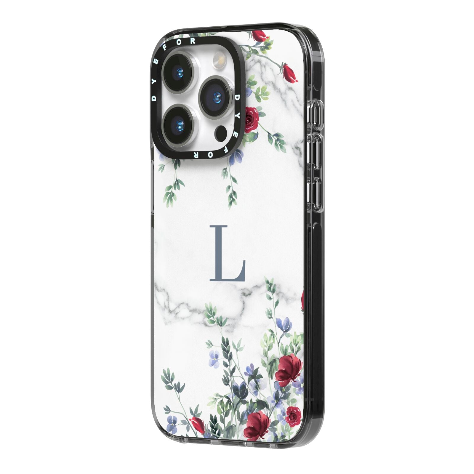 Floral Marble Monogram Personalised iPhone 14 Pro Black Impact Case Side Angle on Silver phone