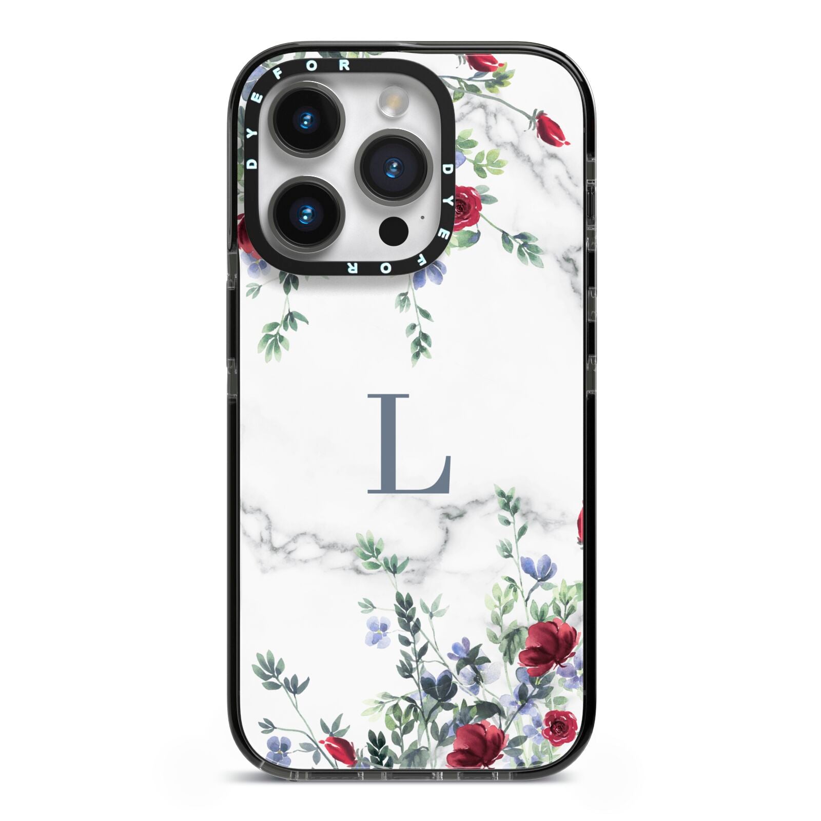 Floral Marble Monogram Personalised iPhone 14 Pro Black Impact Case on Silver phone