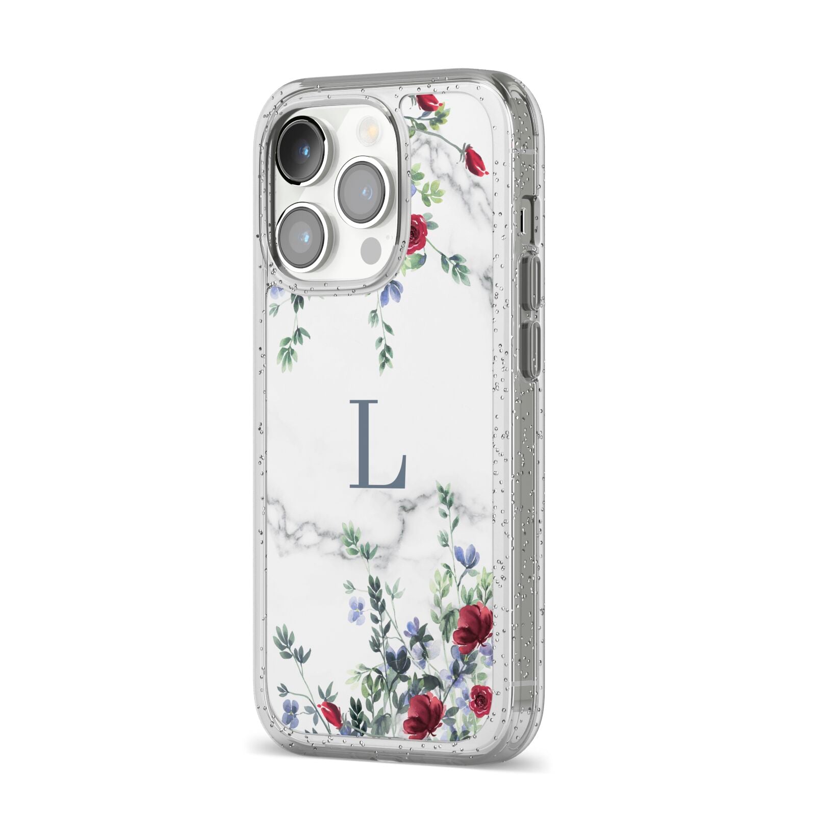 Floral Marble Monogram Personalised iPhone 14 Pro Glitter Tough Case Silver Angled Image