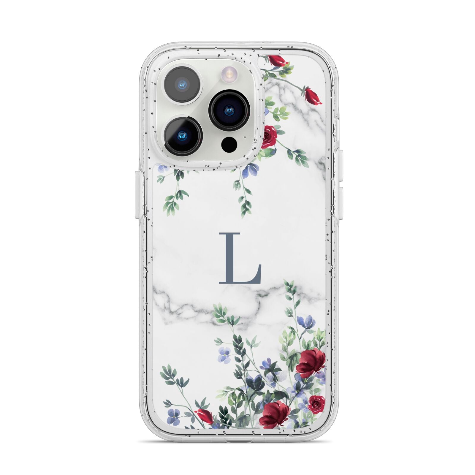 Floral Marble Monogram Personalised iPhone 14 Pro Glitter Tough Case Silver