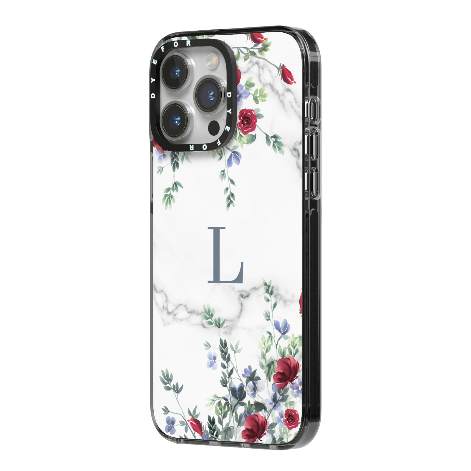 Floral Marble Monogram Personalised iPhone 14 Pro Max Black Impact Case Side Angle on Silver phone