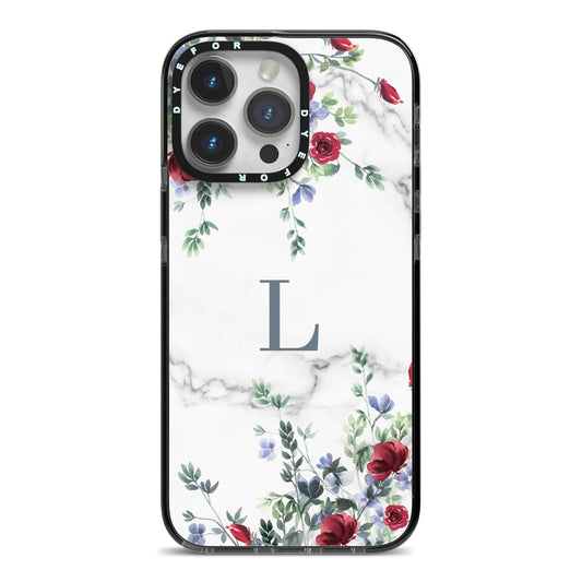 Floral Marble Monogram Personalised iPhone 14 Pro Max Black Impact Case on Silver phone