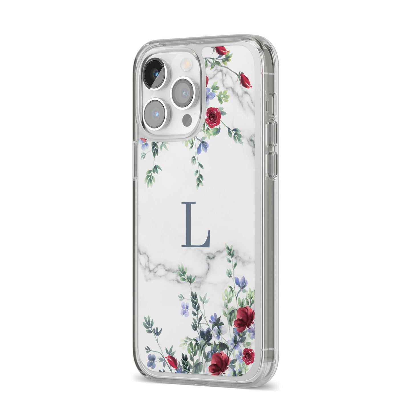 Floral Marble Monogram Personalised iPhone 14 Pro Max Clear Tough Case Silver Angled Image