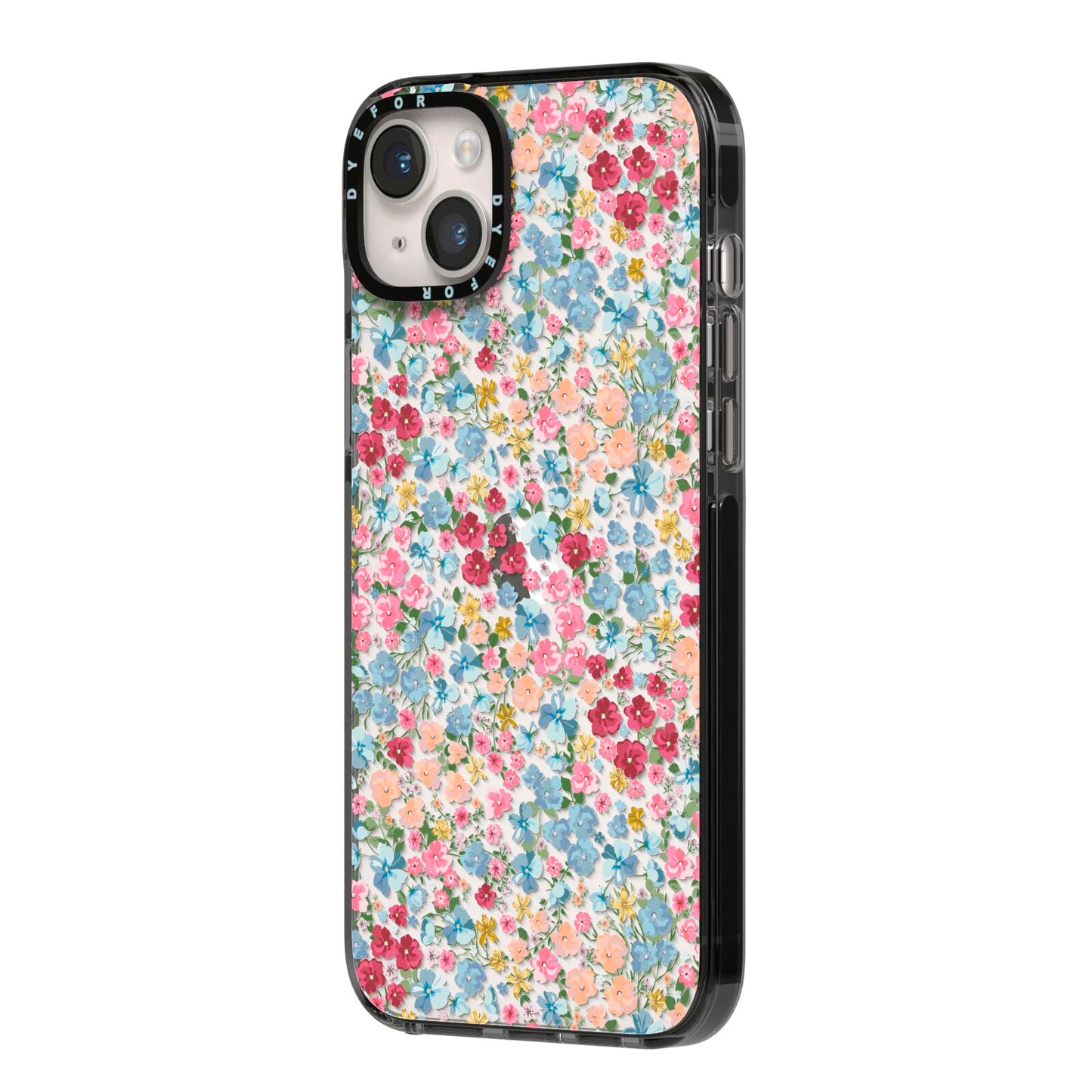 Floral Meadow iPhone 14 Plus Black Impact Case Side Angle on Silver phone