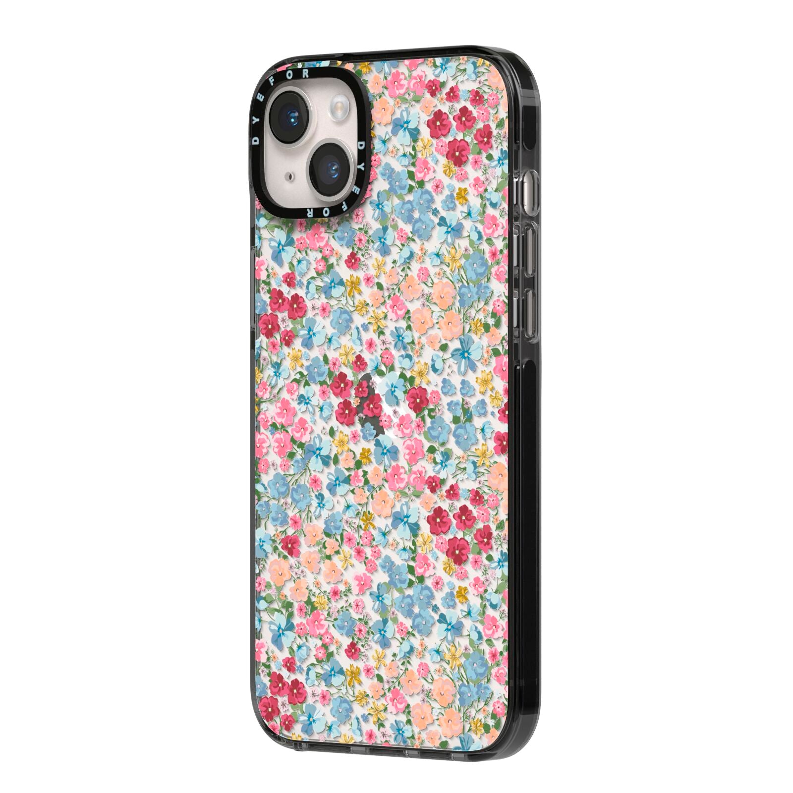 Floral Meadow iPhone 14 Plus Black Impact Case Side Angle on Silver phone