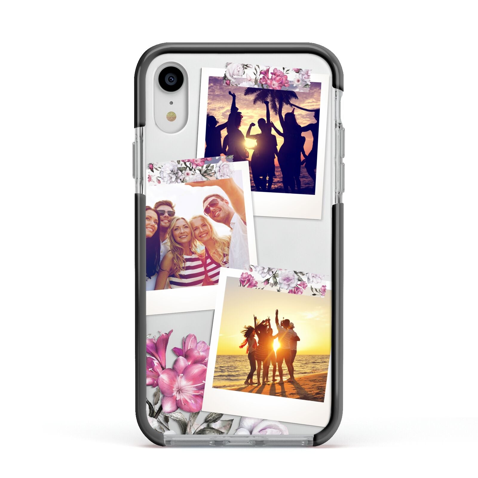 Floral Photo Montage Upload Apple iPhone XR Impact Case Black Edge on Silver Phone